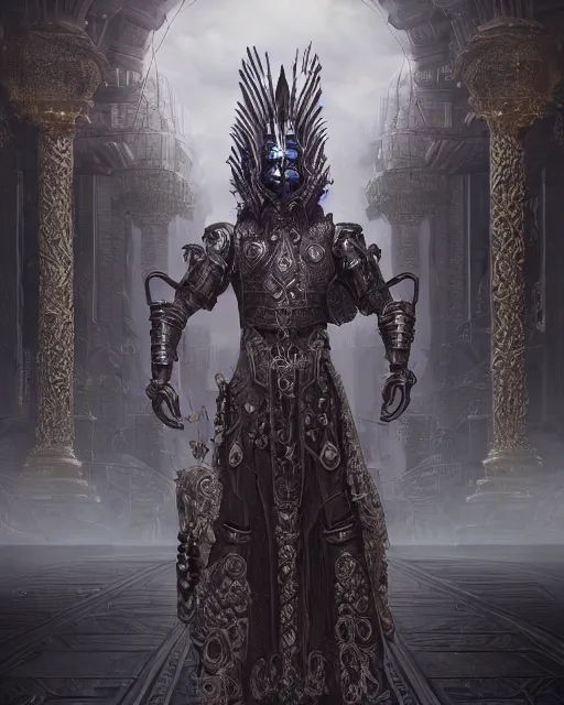 Prompt: a highly detailed matte painting portrait of a shadow priest wearing a massive ornate headdress made of realistic metal and sci fi armor, art deco, cinematic lighting, smooth, dark sci fi, unreal engine, octane render, by blizzard studios, golden rule, subject in center of frame, fog volumes, cgsociety