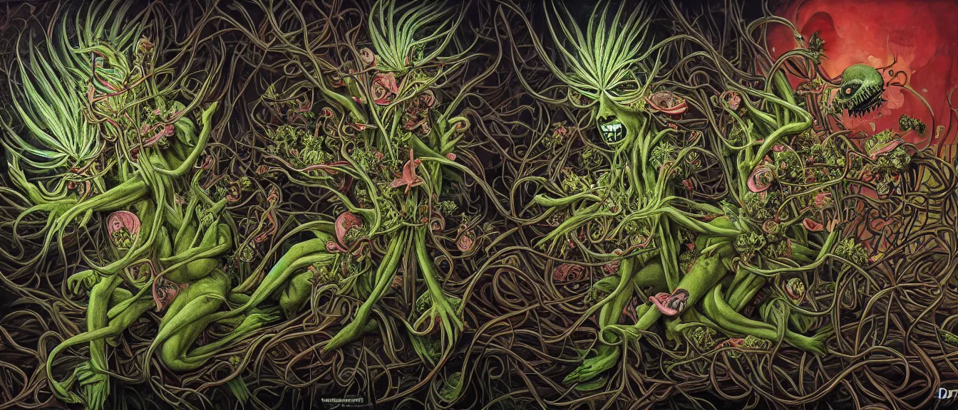 Prompt: cannabis paranoia, nightmare anomalies, venus flytrap by dariusz zawadzki, kenneth blom, mental alchemy, james jean, pablo amaringo, naudline pierre, contemporary art, hyper detailed