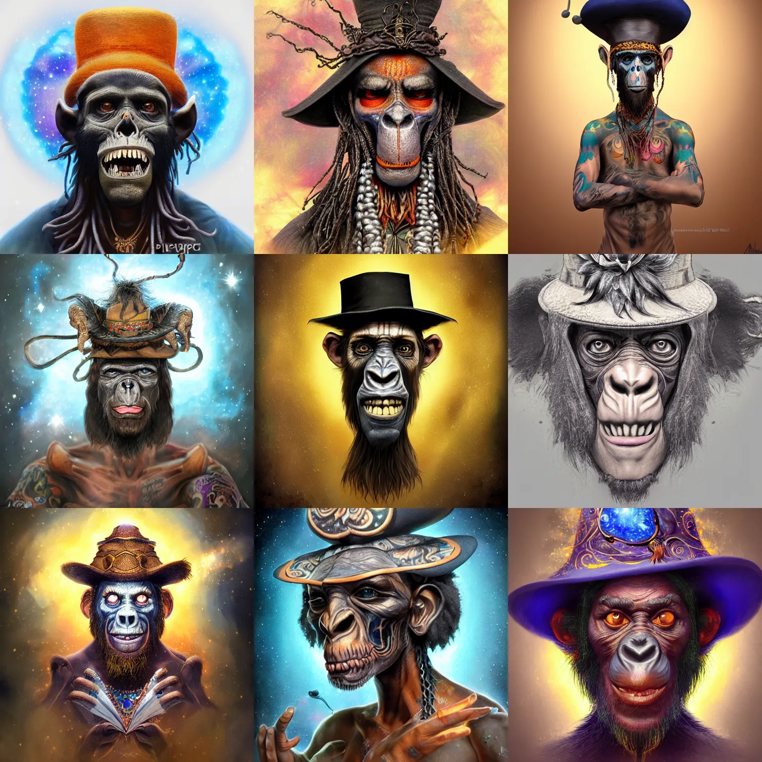 Image similar to a wlop 3 d render of very very very very highly detailed beautiful mystic portrait of a phantom student voodoo ape in a hat with whirling galaxy around, tattoos by anton pieck, intricate, extremely detailed, digital painting, artstation, concept art, smooth, sharp focus, illustration, intimidating lighting, incredible art,