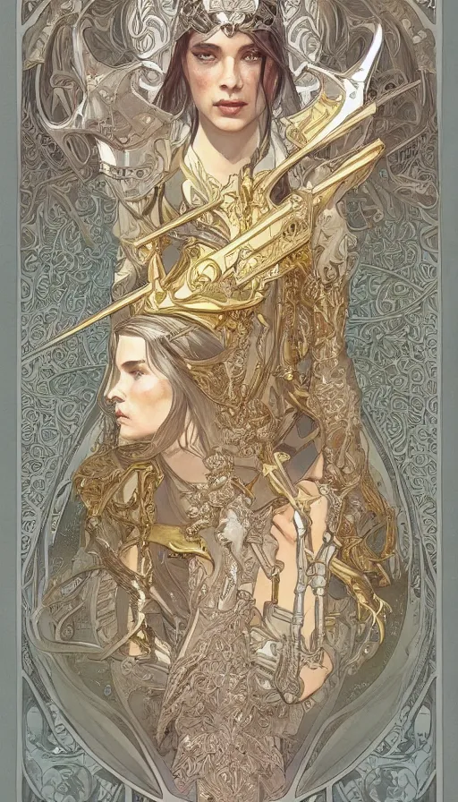 Prompt: soldiers in silver armor, highly detailed, very intricate, art nouveau, gold filigree, left right symmetry, tarot concept art watercolor illustration by mandy jurgens and alphonse mucha and alena aenami, featured on artstation