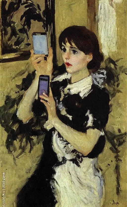 Prompt: famous masterpiece by Russian impressionist Valentin Serov - portrait of a girl with her iPhone