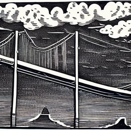 Prompt: steel suspension bridge built in 1 9 2 8, side view, clouds in background, woodcut style,