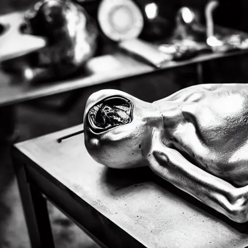 Image similar to black and white alien body autopsy on a metal table, highly detailed, sharp focus, low lights, ultra realistic