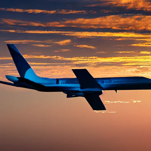 Prompt: an airplane designed by boeing and zaha hadid, dramatic lighting, sunrise, bokeh