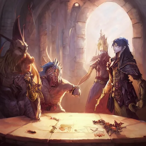 Image similar to dungeons and dragons fantasy painting, chaos and conflict, finger pointing and angry gestures, allies who long spoke in one voice now squabble over petty differences leaders in different styles of dress gesturing angrily across a council table, anime inspired by krenz cushart, evening lighting, by brian froud jessica rossier and greg rutkowski