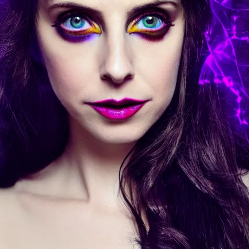 Image similar to Beautiful Alison Brie as a witch, in spooky and dark with den, lit by purple and blue flames, Symmetrical face, symmetrical eyes