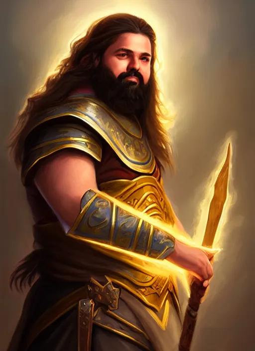 Image similar to a _ fantasy _ style _ portrait _ painting _ of esfandtv light brown male holy paladin with long wavy brown hair chubby and beard, hammer weapon, rpg dnd oil _ painting _ unreal _ 5 _ daz. _ rpg _ portrait _ extremely _ detailed _ artgerm _ greg _ rutkowski _ greg