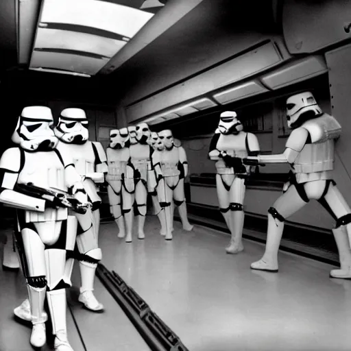 Prompt: stormtrooper army going inside star destroyer ship, long camera shot, ww2