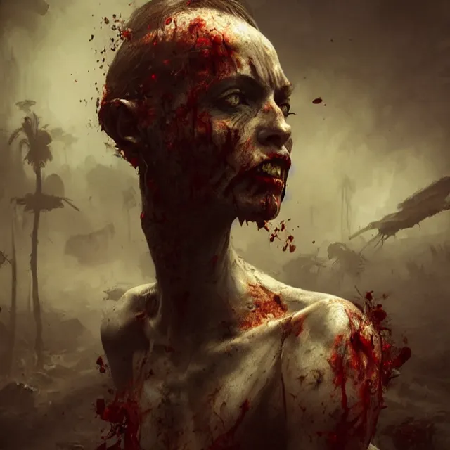 Image similar to hyper realistic photography portrait zombie cinematic, greg rutkowski, james gurney, mignola, craig mullins, brom redshift, vray, octane