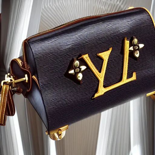 Prompt: close up of a louis vuitton handbag in year 3000, surreal avant-garde style, in entrance hall of an art-deco skyscaper, photography , official vuitton editorial , highly detailed