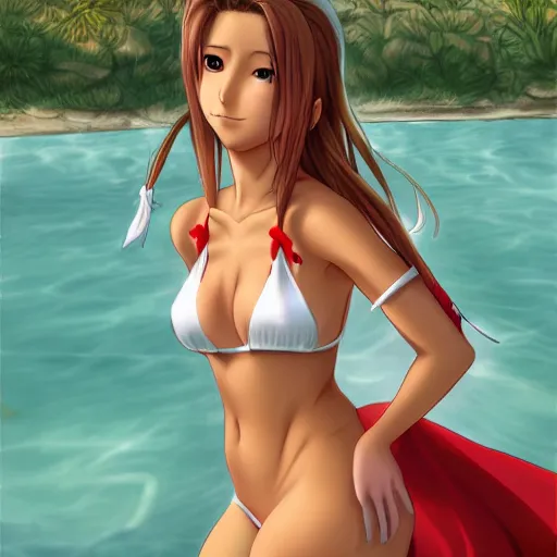 Prompt: beautiful aerith from final fantasy in a bikini on the beach making eye contact drawn by keith garvey