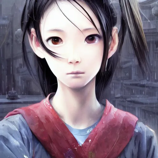 Image similar to dynamic composition, motion, ultra-detailed, incredibly detailed, a lot of details, amazing fine details and brush strokes, colorful and grayish palette, smooth, HD semirealistic anime CG concept art digital painting, watercolor oil painting of a Japanese schoolgirl Lain Iwakura, GITS, by a Chinese artist at ArtStation, by Huang Guangjian, Fenghua Zhong, Ruan Jia, Xin Jin and Wei Chang. Realistic artwork of a Chinese videogame, gradients, gentle an harmonic grayish colors.