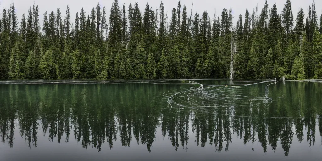 Image similar to centered photograph of a long rope snaking across the surface of the water, stretching out towards the center of the lake, a dark lake on a cloudy day, trees in the background, anamorphic lens