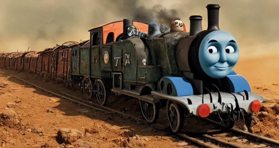 Image similar to Thomas the Tank Engine in the fiery Wasteland of MAD MAX: FURY ROAD