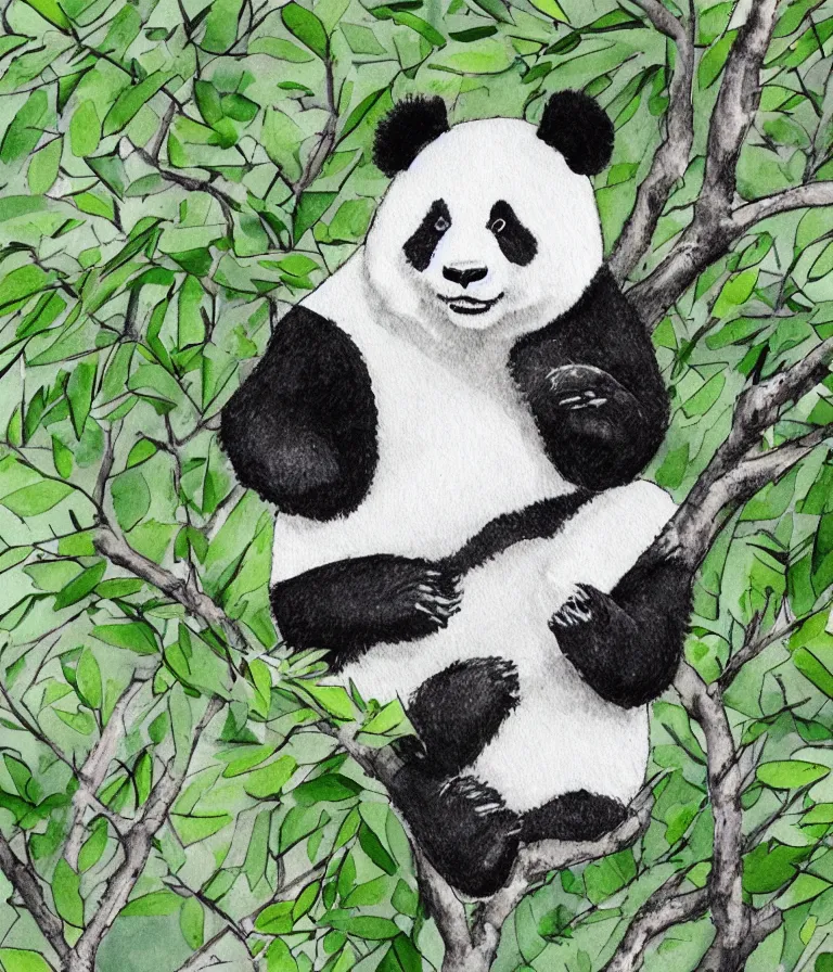 Image similar to Panda sitting on top of a trimmed tree enjoying a view of a forest, doodle art,