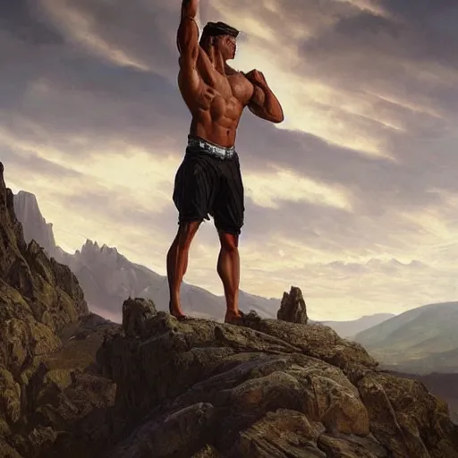 Prompt: ultra realistic illustration, a very tall and muscular gigachad flexing on top of a mountain, zyzz pose, intricate, elegant, highly detailed, digital painting, artstation, concept art, smooth, sharp focus, illustration, art by artgerm and greg rutkowski and alphonse mucha