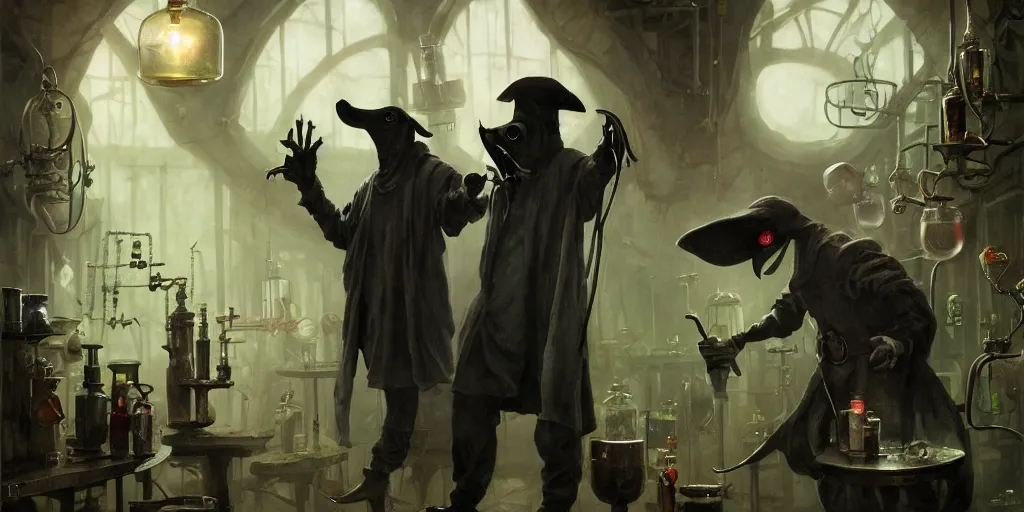 Image similar to a plague doctor and a humanoid rat in a laboratory with lots of flasks filled with magic liquids and green fog, stephen bliss, unreal engine, fantasy art by greg rutkowski, loish, rhads, ferdinand knab, ilya kuvshinov, rossdraws, tom bagshaw, global illumination, radiant soft light, detailed and intricate environment