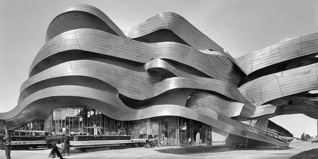 Prompt: wide angle color photo of futurist building in the style of a streamline locomotive. curved sculpted shape with streamlined futurist industrial revolution theme. formed concrete with brass inlay. from architecture digest. i. m. pei and gaudi.