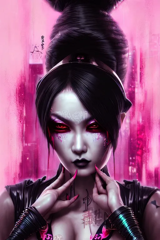 Image similar to soft lustrous ebony asian geisha goddess yakuza biotech raver gothic cyborg, cyberpunk city, urban decay, decay, underworld, dark art, highly detailed, digital painting, octane render, artstation, concept art, smooth, sharp focus, illustration, art by artgerm, loish, wlop