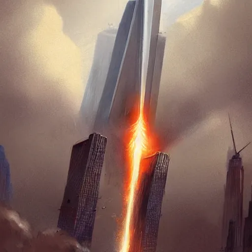 Image similar to paper airplane striking the twin towers on 9 / 1 1, highly detailed, headshot, digital painting, trending on artstation, concept art, sharp focus, illustration, art by artgerm and greg rutkowski and magali villeneuve