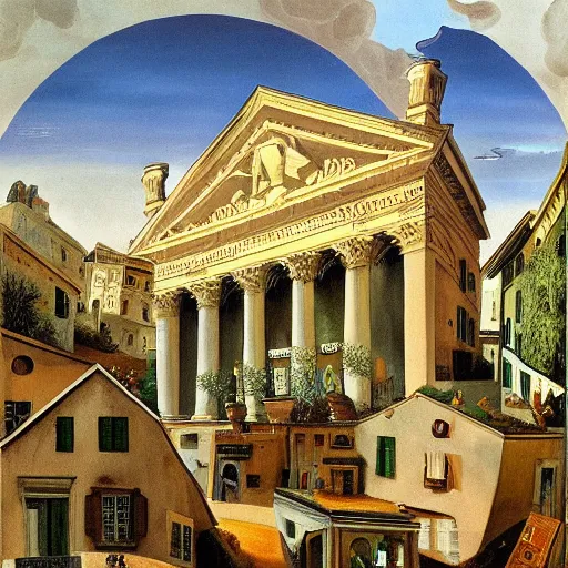 Image similar to solarpunk dreaming new York stock exchange in a toscana landscape with modern houses, painted by Salvador Dali, highly detailed