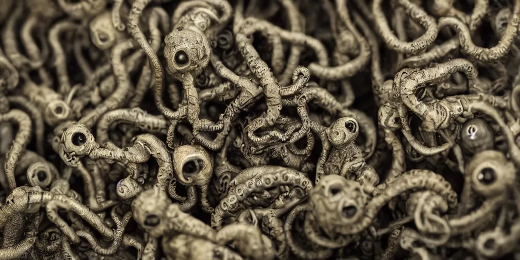 Image similar to miniature figurines of lovecraftian monsters, close up, detail, tilt shift, product photography