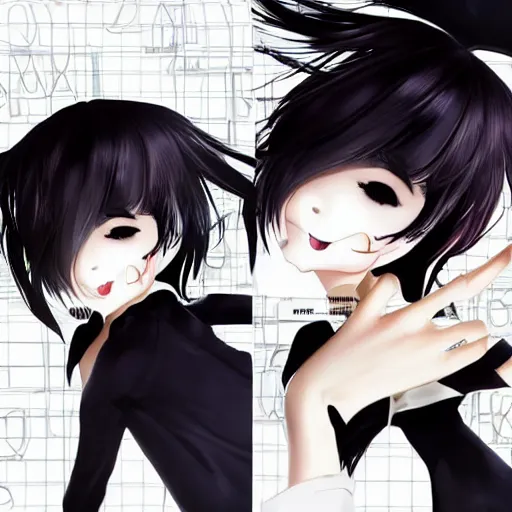 Image similar to luxury advertisement, astonishing artwork of a very beautiful dancing anime schoolgirl with black bob hair in style of cytus and deemo, full perfect face, she is dancing, set in Half-life. Realistic, highly detailed background, Pixiv, 120 degree view, drawn by Sasoura, Satchely and Akihiko Yoshida, no distortion