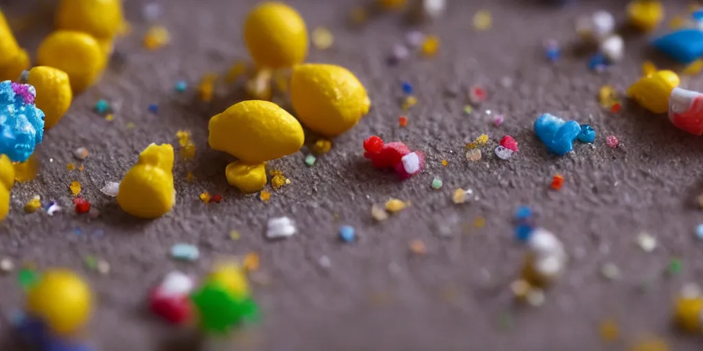 Image similar to a cinematic film still of a claymation stop motion film about a town made of lemons and candy, shallow depth of field, 8 0 mm, f 1. 8