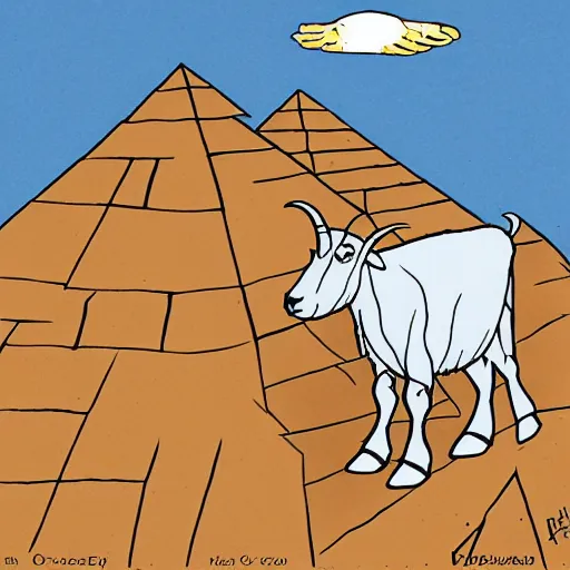 Image similar to mountain goat on a pyramid in Far Side style, cartoon