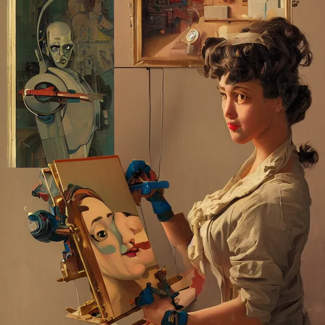 Image similar to robot artist painting a self - portrait on a canvas. intricate, highly detailed, digital matte painting, in the style of alexandros pyromallis, and in the style of sachin teng, and in the style of hans thoma, ( and in the style of gil elvgren ). irony, recursion, inspiration.