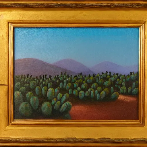 Image similar to a conrad buff oil painting of a small hill covered in cactus with a circular 1 0 lane highway at it's base full of evening traffic