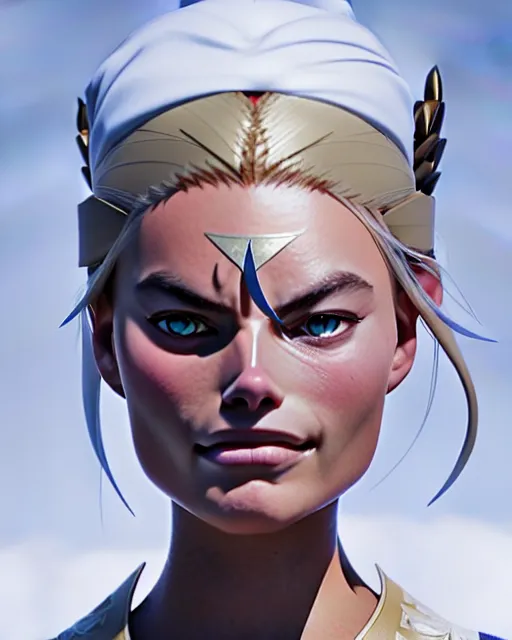 Image similar to azctec warrior, ( margot robbie ), detailed perfect face, exquisite details, fire magic, mid view, design on a white background, by studio muti, greg rutkowski makoto shinkai takashi takeuchi studio ghibli