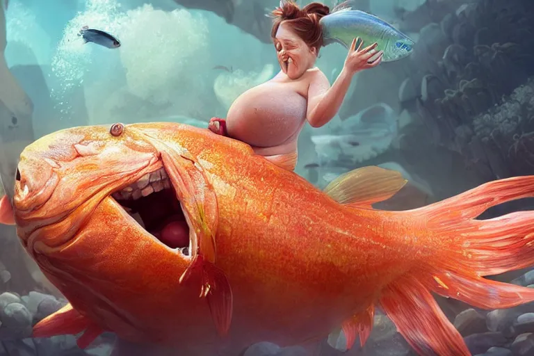 Image similar to of a very beautiful scene. ambient occlusion render. a sweet fat old woman is giving a birth to a huge colorful fish. hyper realistic. 4 k. wide angle. wild happiness. symmetrical face, red mouth, blue eyes. deep focus, lovely scene. ambient occlusion render. concept art. artstation. unreal engine.