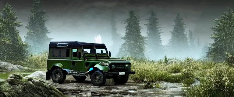 Image similar to Land Rover Defender 110 (1985), The Elder Scrolls V: Skyrim, Riften, The Rift, an epic fantasy, living flora, spriggans, humanoid flora, green floral energy going through spriggans, wooden forest spirits, dramatic lighting, cinematic, establishing shot, extremely high detail, photorealistic, cinematic lighting, artstation, by simon stalenhag