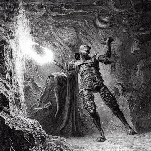 Prompt: God of forging and fire hephaistus creating the first artificial neural network in his volcanic laboratory, hephaistos has a beard and a red cape and is very strong, cinematic lighting, dark background, gustave dore painting