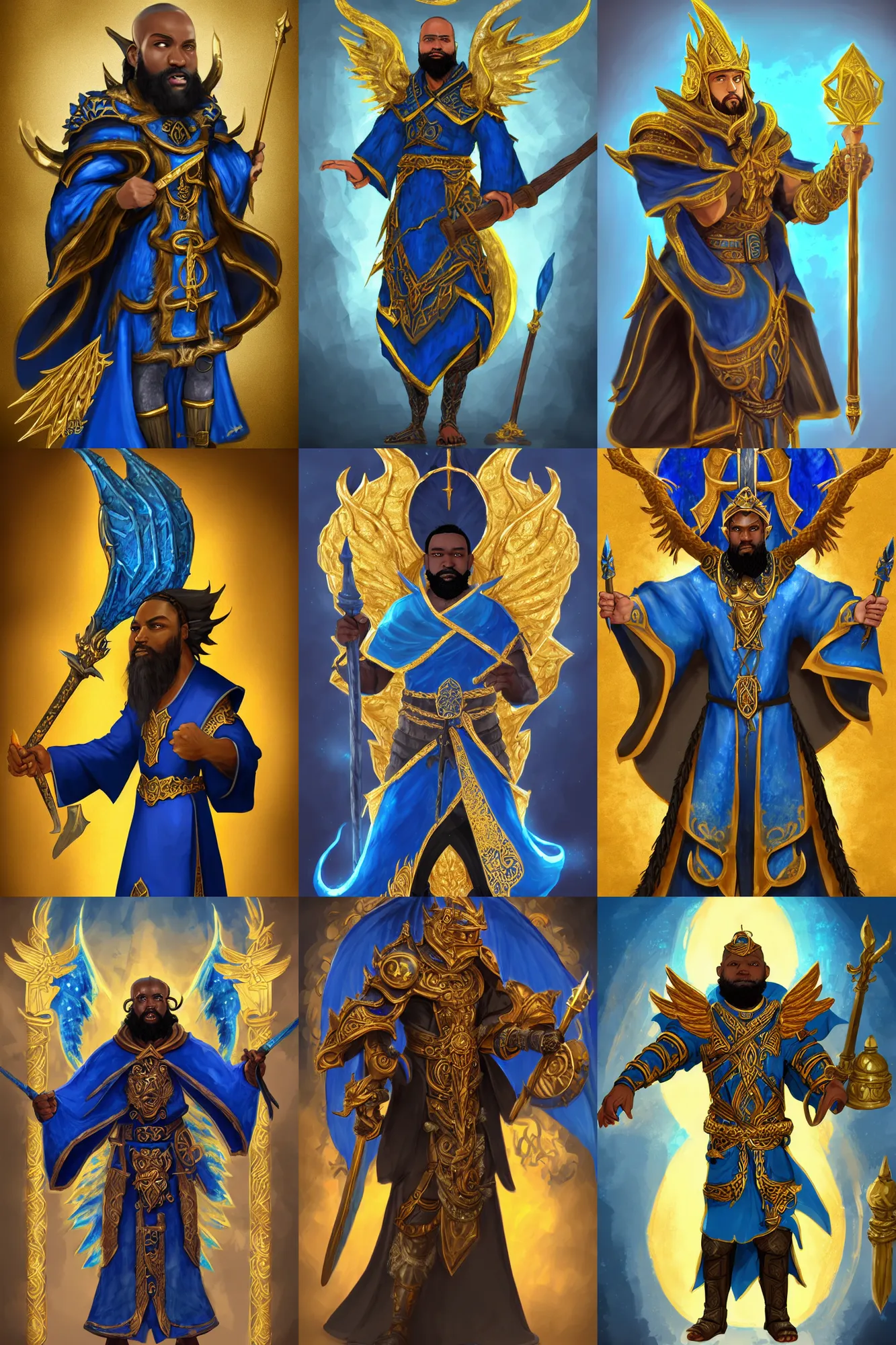 Prompt: Picture of a male Cleric, black skin, blue short hair, short beard, dragon-inspired cloth robes, gold and blue, ornamental, hammer, wings, background depicting a temple, fantasy, dnd, d&d, illustration, digital painting, artstation
