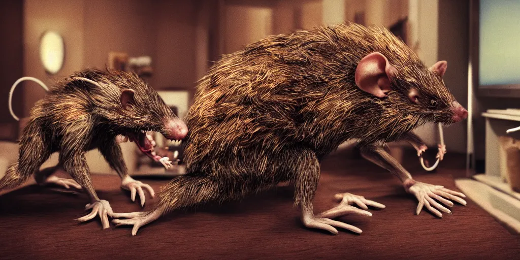 Image similar to a highly detailed photographic render of a humanoid rat creature eating a man in a living room, ratman watching tv, gore, blood, rat man, horror sci-fi, horro science fiction, biology, horror, cinematic, cinematic horror, cinematic lighting, cinematic scene, cinematic render, film, horror film, beautifully lit, ray traced, octane 3D render, octane render, unreal engine