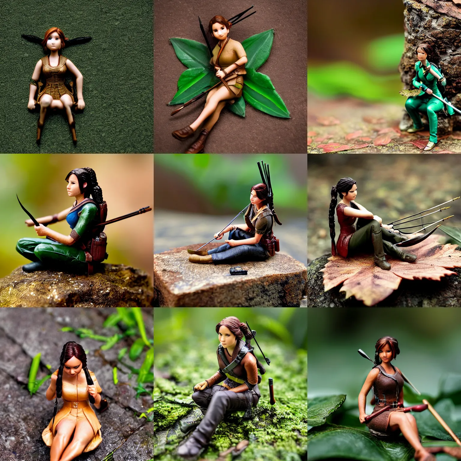 Prompt: Realistic miniature of Katniss Everdeen, accurate proportions, sitting on a leaf, macro photography