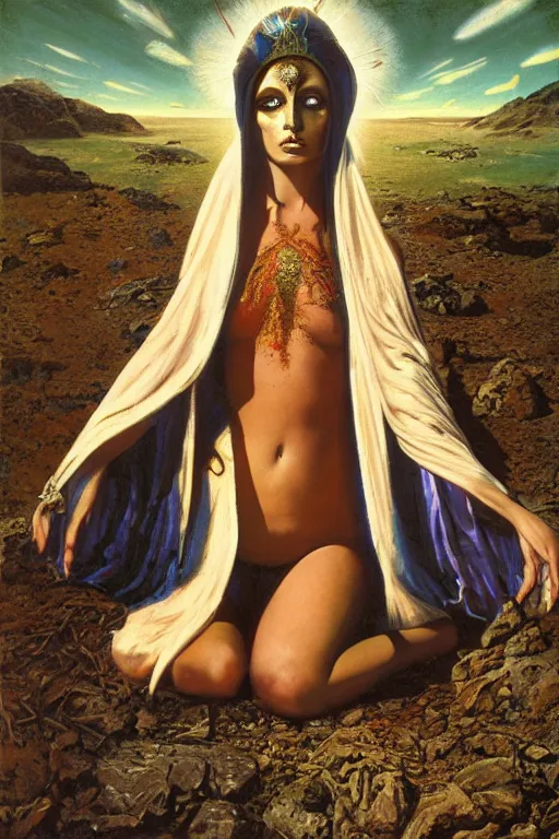 Image similar to gorgeous robed cult girl performing realism third eye ritual, expanding energy into waves into the ethos, epic surrealism 8k oil painting, portrait, depth of field, perspective, high definition, post modernist layering, by Ernst Fuchs, Gerald Brom