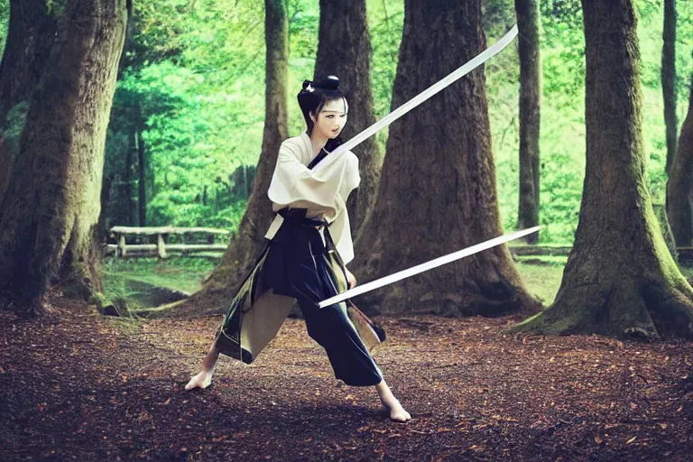 Prompt: beautiful photo of a young modern geisha samurai practising the sword in a forest, mid action swing, symmetrical face, beautiful eyes, huge oversized sword, award winning photo, muted pastels, action photography, 1 / 1 2 5 shutter speed, dramatic lighting, anime set style