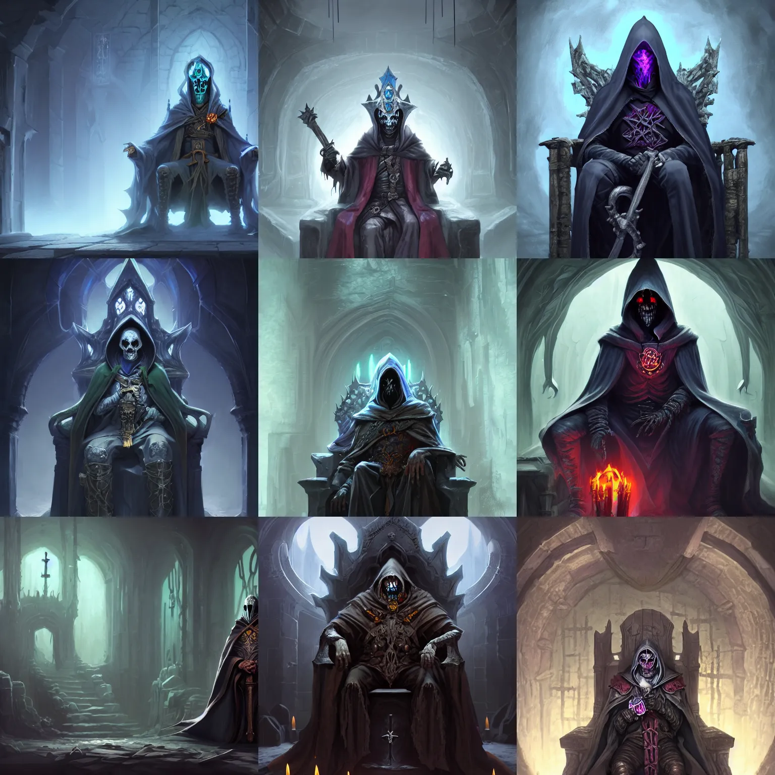 Prompt: lich wizard necromancer sitting on a throne inside dungeon crypt, wearing a dark hood and completely blank mask, gray stone wall behind him by Stanley Artgerm Lau, WLOP, Rossdraws, James Jean, Andrei Riabovitchev, Marc Simonetti, and Sakimichan, Unreal Engine, 4k, trending on Artstation