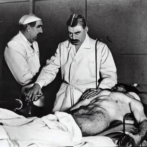 Prompt: dr jesus christ performing life saving surgery on joseph stalin in the emergency surgery room of a philadelphia hospital