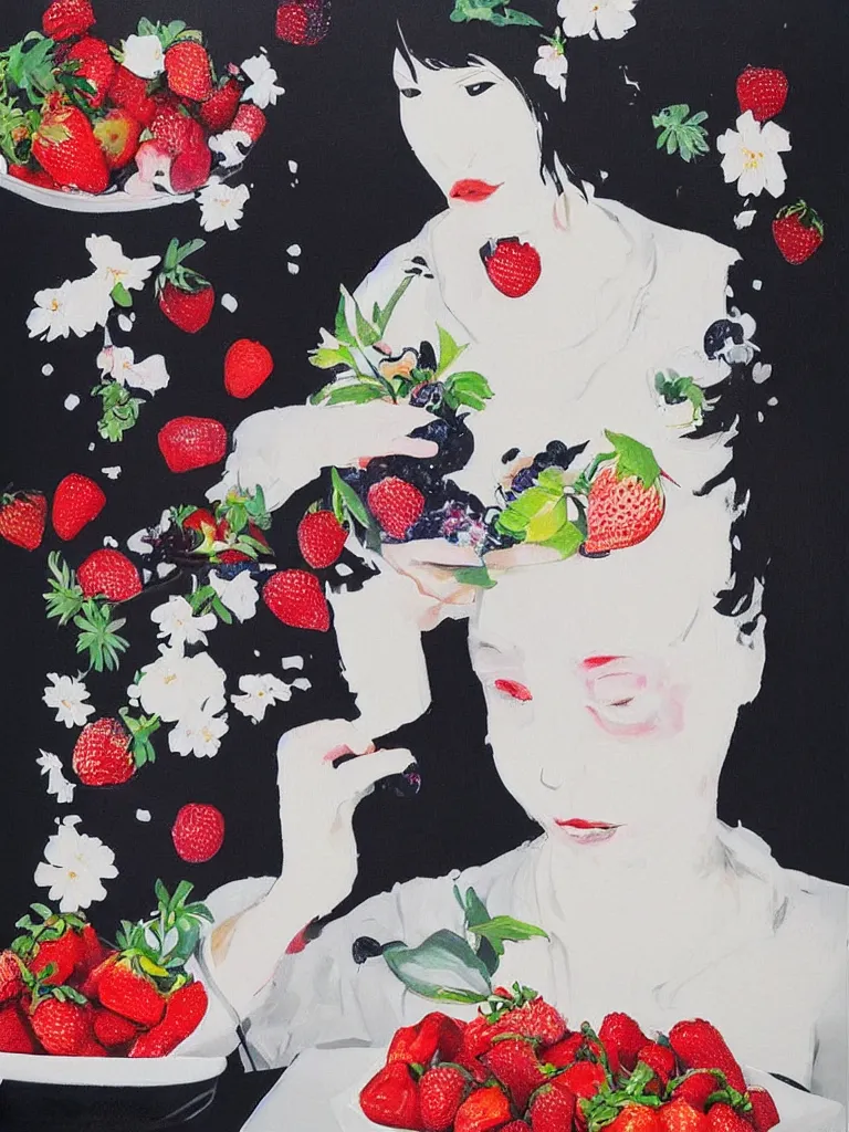 Image similar to “art in an Australian artist’s apartment, portrait of a woman wearing white cotton cloth, eating luscious fresh raspberries and strawberries and blueberries, white wax, edible flowers, Japanese pottery, ikebana, black walls, acrylic and spray paint and oilstick on canvas”