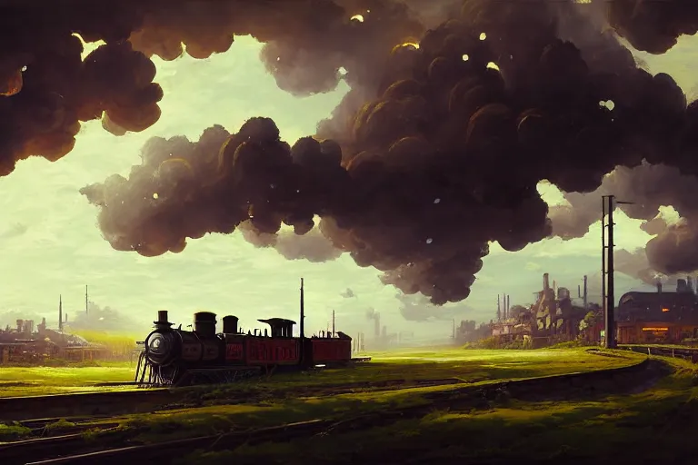 Image similar to baroque oil painting of anime key visual environment concept art of industrial revolution steam train, brutalist, dark fantasy, rule of thirds, fake hidden detail, trending on pixiv fanbox, acrylic palette knife and brush, style of makoto shinkai studio ghibli genshin impact jamie wyeth james gilleard greg rutkowski