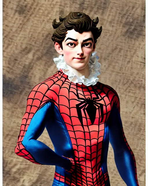 Prompt: peter parker spiderman, wearing a beautiful 1 8 th century suit with flounces and ribbons, rococo style, francois boucher style, highly detailed, very realistic, painterly style