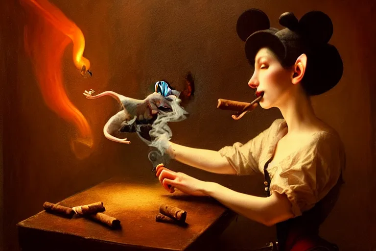 Image similar to a mouse is smoking cigar in a gothic atelier, oil painting, detailed, colorful, glowing lighting, 4 k, dimly lit, in the style of yanjung chen and tom bagshaw,