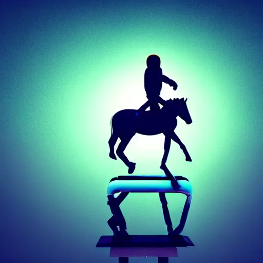 Image similar to an astronaut standing on the ground and a small trippy aggressive centaur standing on that poor human being standing on all fours astronaut raising his arms up, really trying to ride it, the horse is on his shoulders and grabbing them, minimalist style, 3 d render, isometry