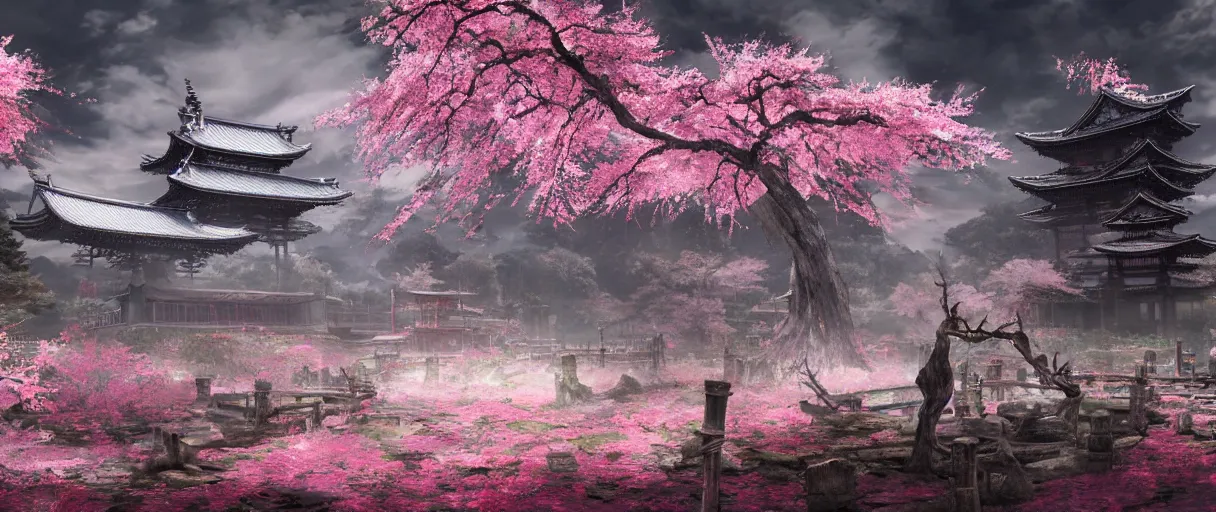 Prompt: gothic Japanese Shinto temple, surrounded by pink cherry blossom, huge animal skeleton in the middle,concept art, digital painting, matte painting, in the style of sekiro, Bloodborne, dark souls, demon souls, evening time, volumetric lighting, large scale, high detail, trending on art station, view from afar