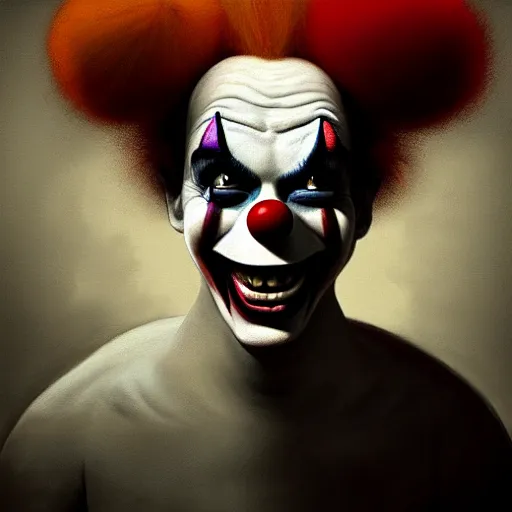 Image similar to a portrait of pogo the clown, hyper realistic, octane render, by barlowe. masterpiece portrait painting. dark, moody,, abstract brush strokes,.