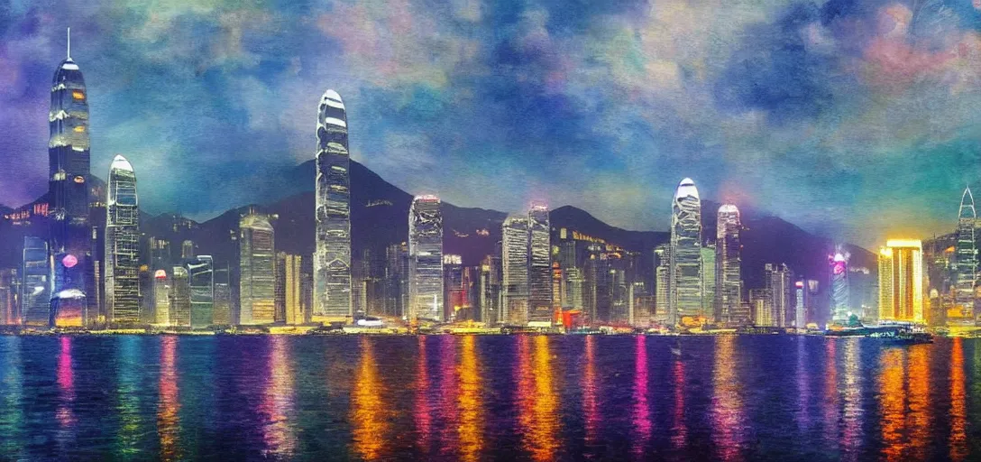 Prompt: Romantic painting of the Hong Kong Skyline